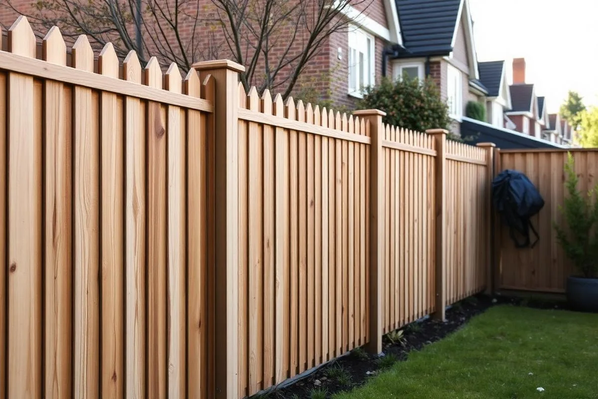 Feather edged timber fence with overlapping boards on a residential garden boundary