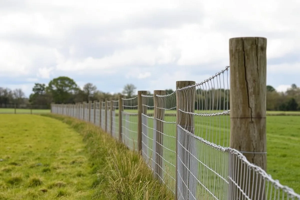 Post and rail fence with stock netting running along a green paddock boundary