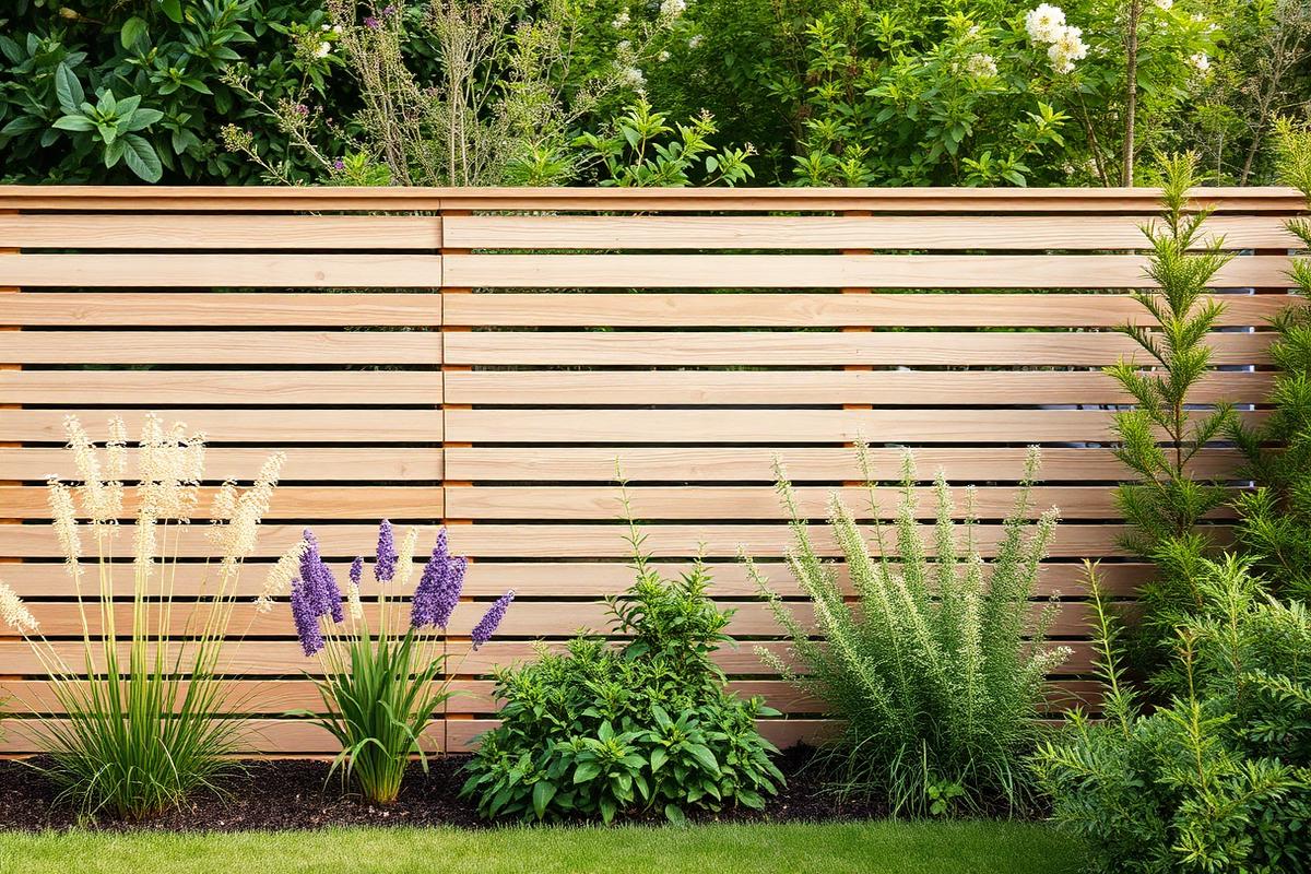 Modern horizontal slatted timber garden fence behind contemporary planting