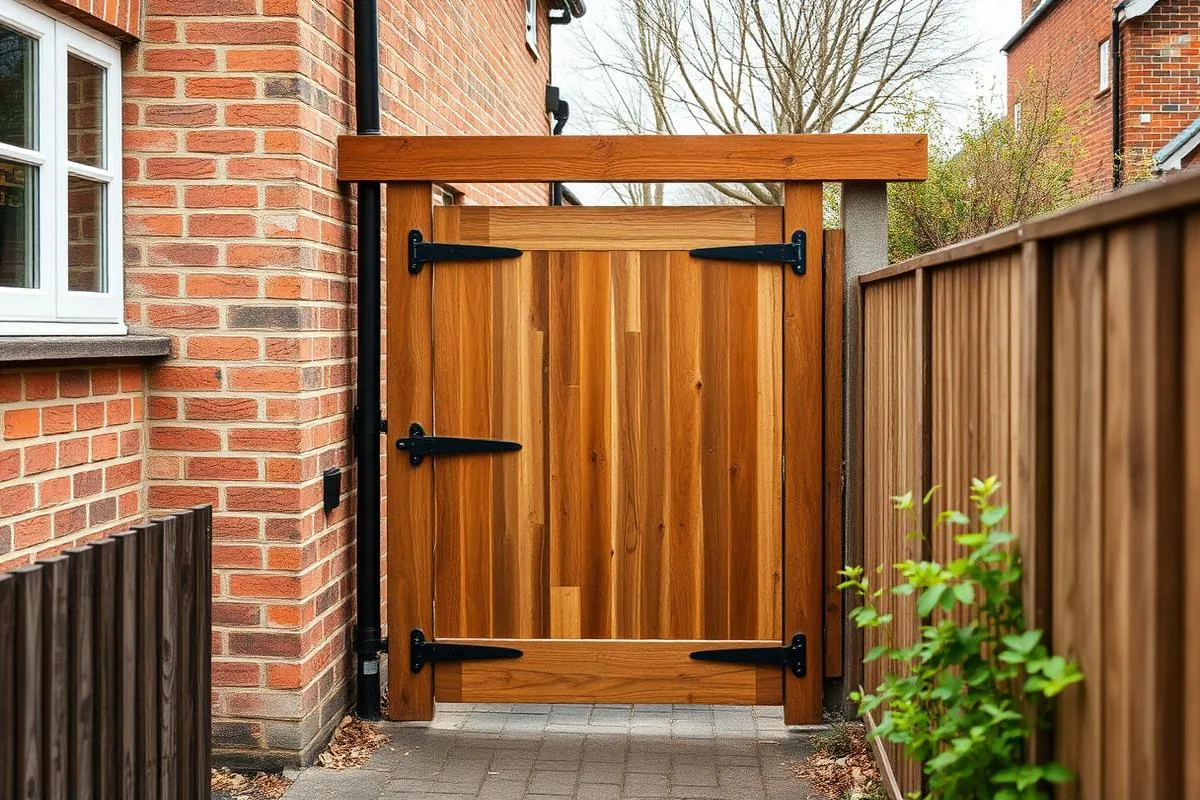 Braced timber side gate with heavy black hinges fitted between a brick house and fence